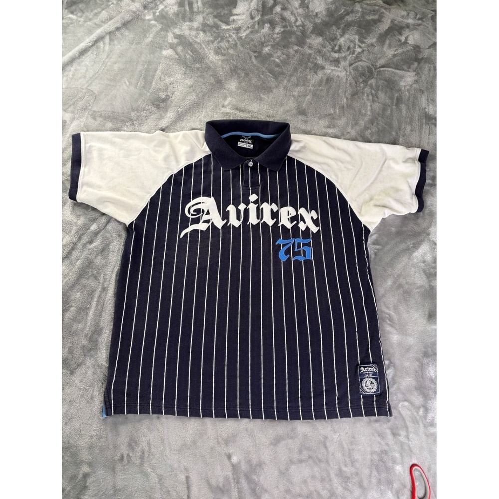 Avirex 75 Pinstripe Polo Shirt Mens XXL Y2K White Short Sleeve Spell out VTG